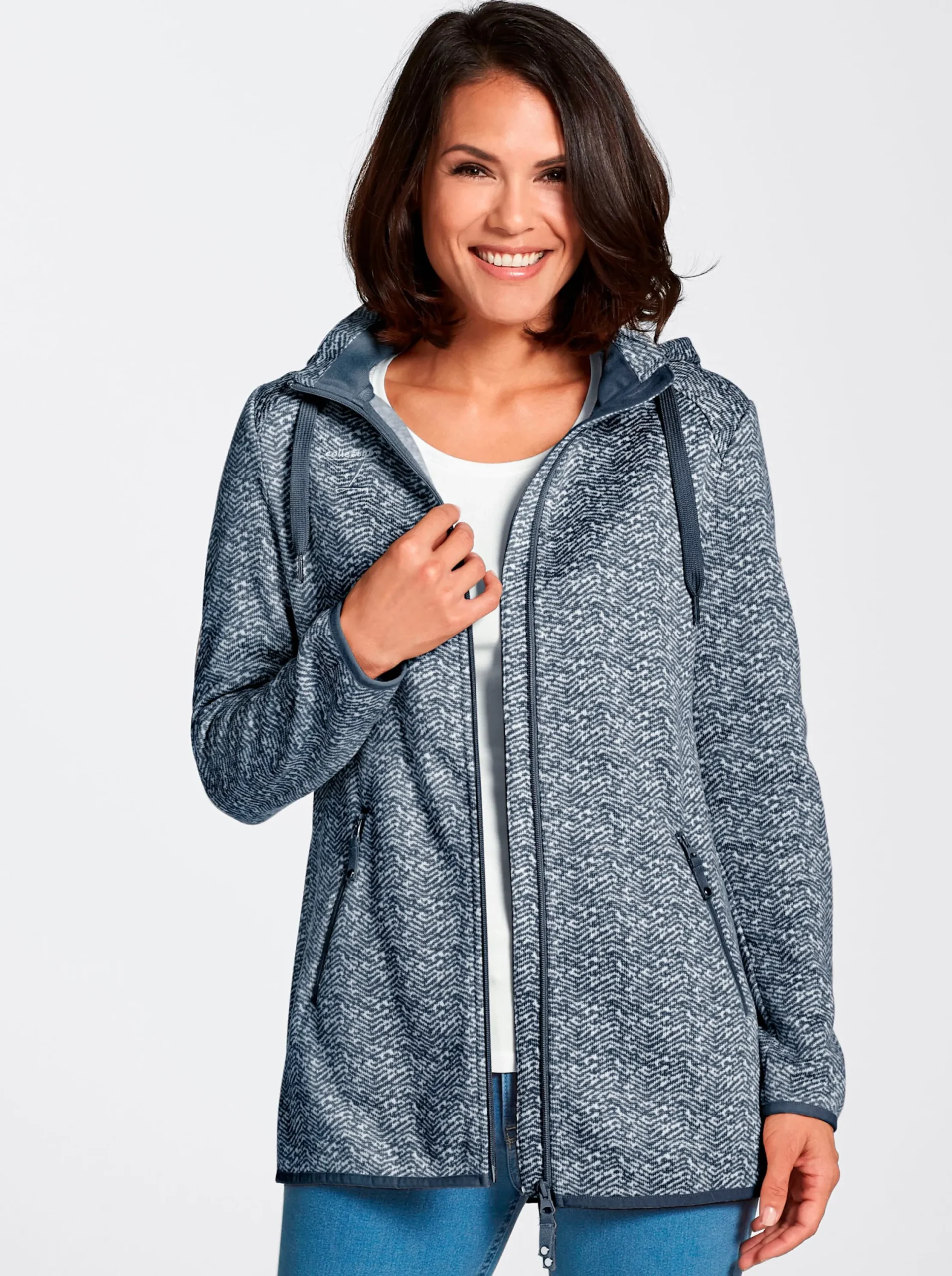 Jacken| Kapuzenfleecejacke in Melange-Optik marine-weiß-gemustert