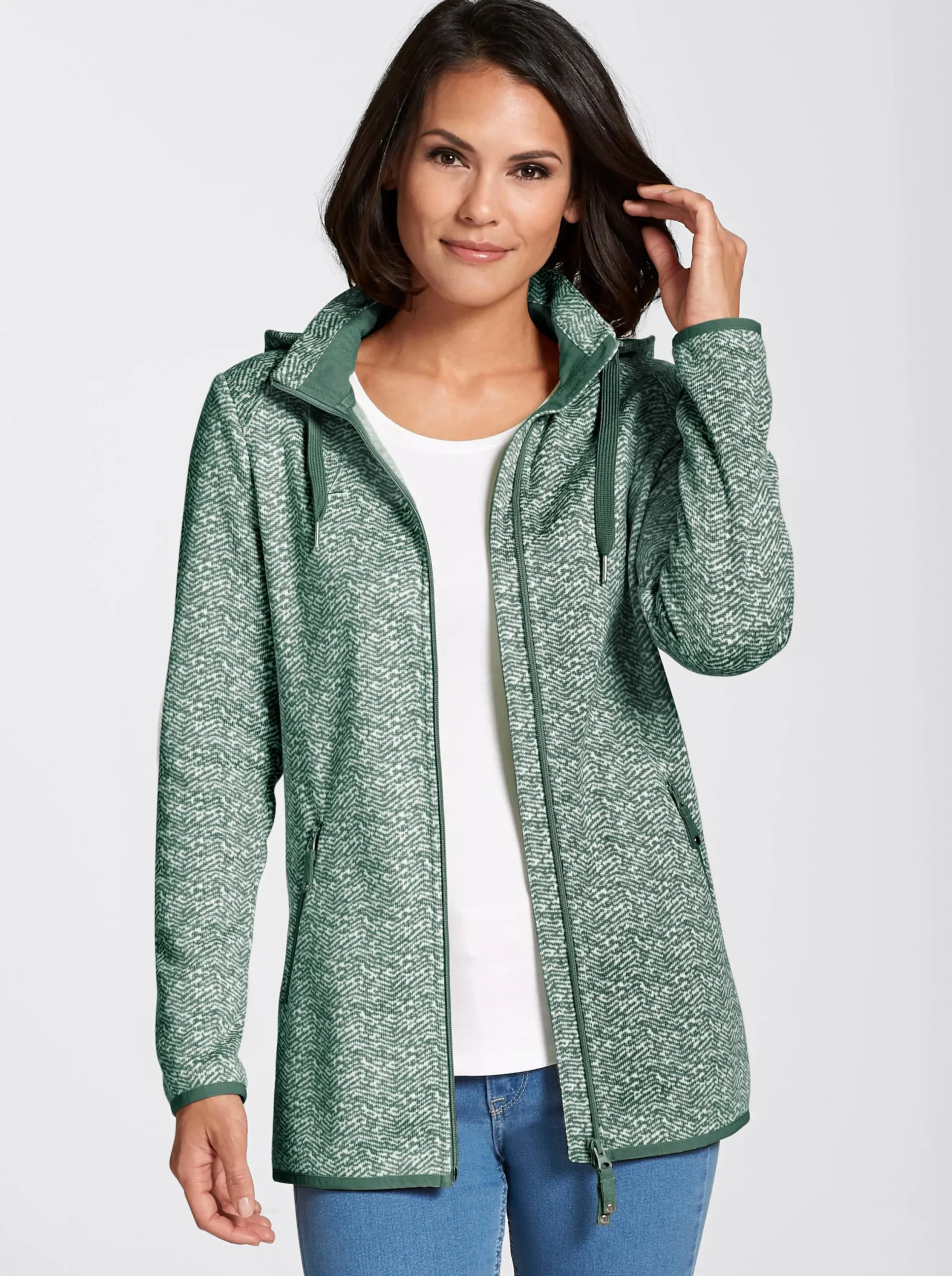 Jacken| Kapuzenfleecejacke mit abnehmbarer Kapuze grün-weiß-gemustert