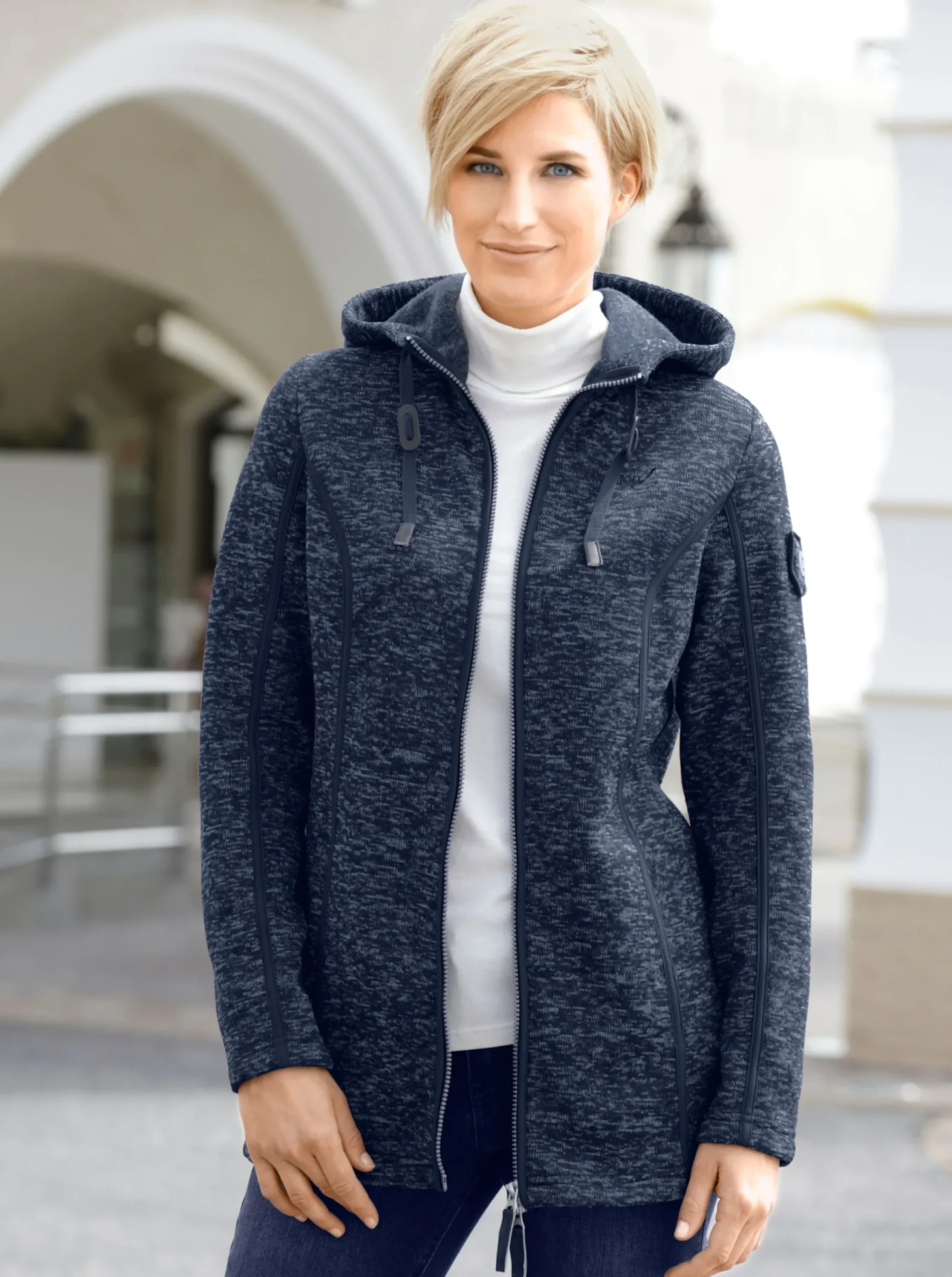 Jacken| Kapuzenfleecejacke mit Umlegekragen marine-meliert