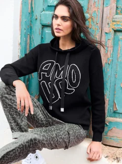 Pullover|heine Kapuzenpullover mit Tunnelzug und Bindeband am Kragen schwarz