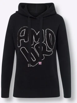 Pullover|heine Kapuzenpullover mit Tunnelzug und Bindeband am Kragen schwarz