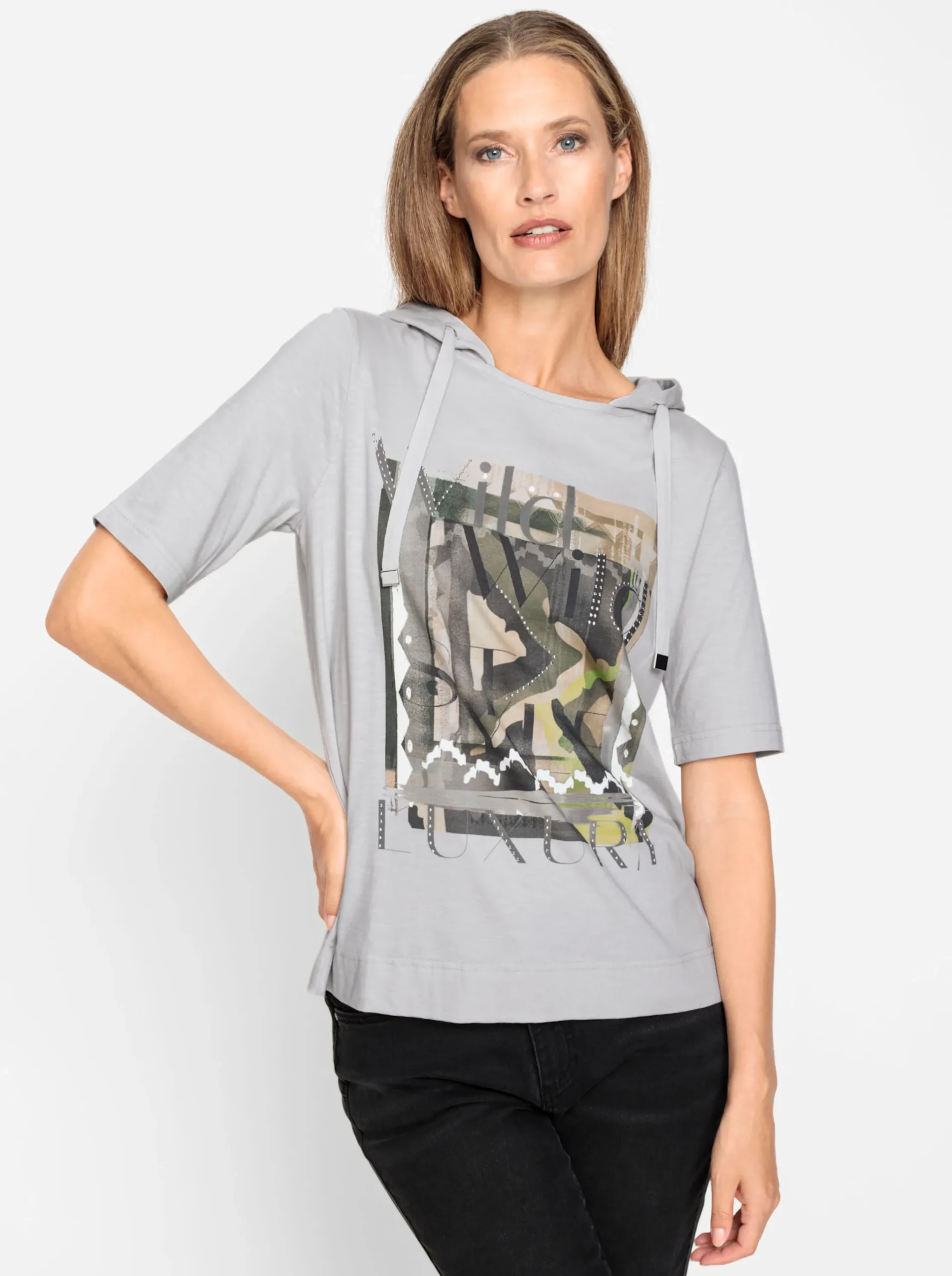 Shirts|heine Kapuzenshirt mit Glitzersteinen hellgrau-meliert