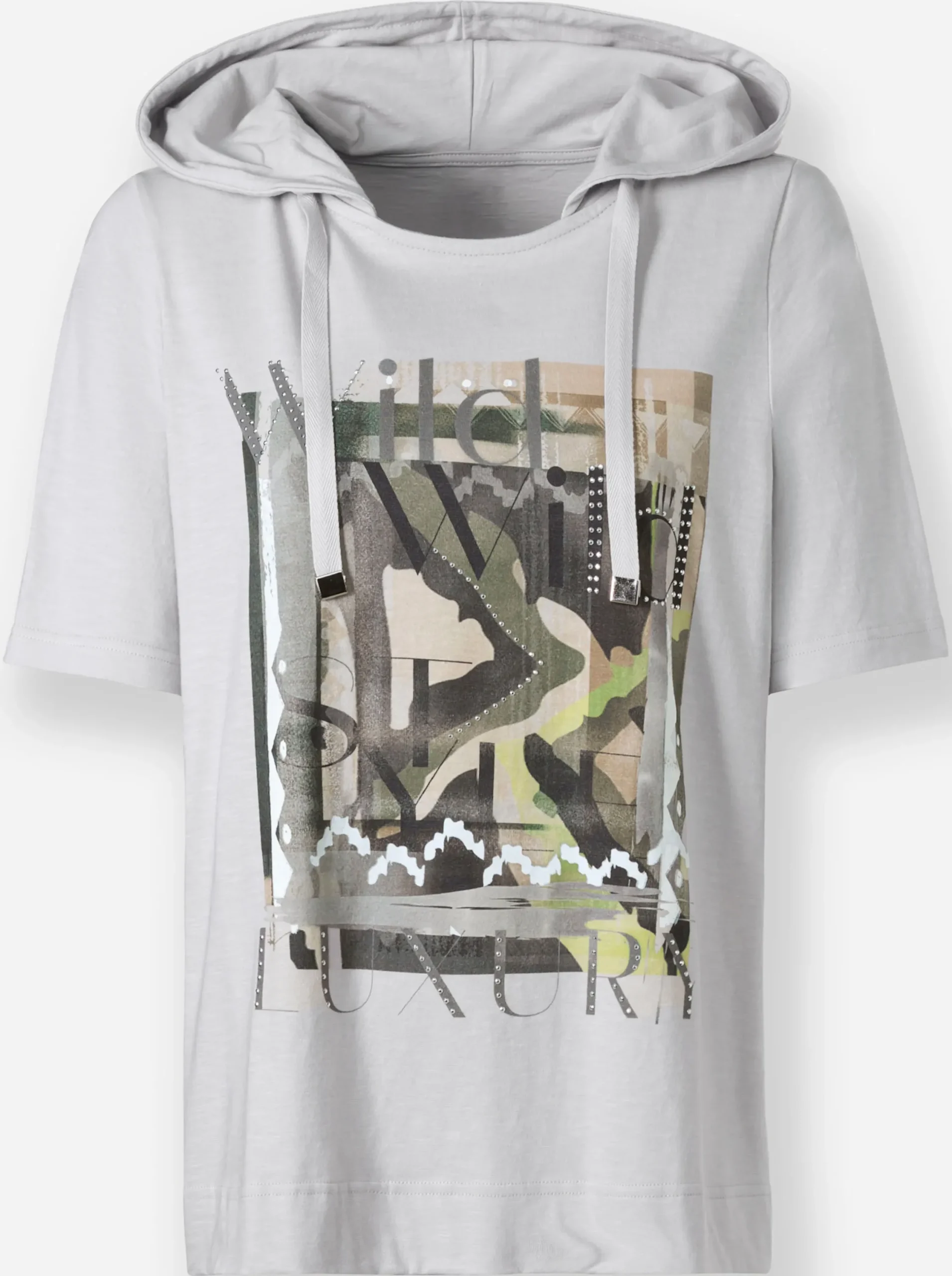 Shirts|heine Kapuzenshirt mit Glitzersteinen hellgrau-meliert