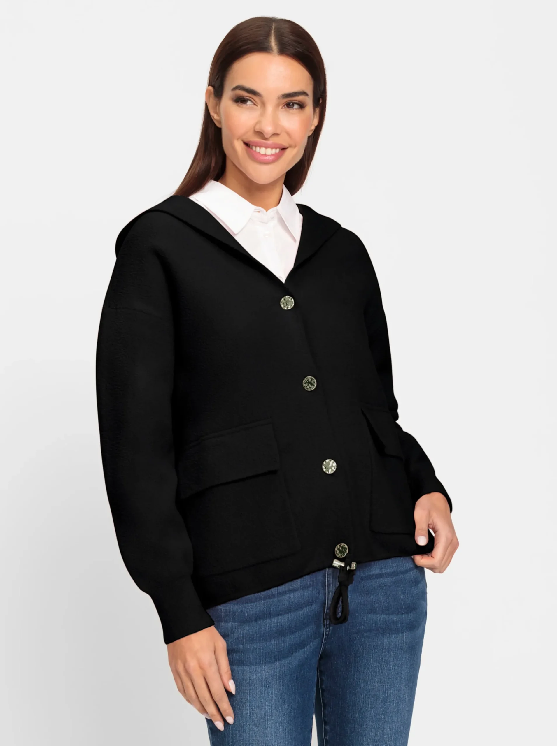 Strickjacken|heine Kapuzenstrickjacke mit Schmuckknöpfen schwarz