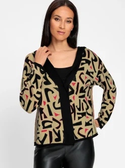 Strickjacken|heine Kapuzenstrickjacke mit verdeckter Druckknopfleiste sand-schwarz-bedruckt