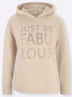 Pullover|heine Kapuzensweatshirt mit Schriftzug und Glitzersteinchen sand