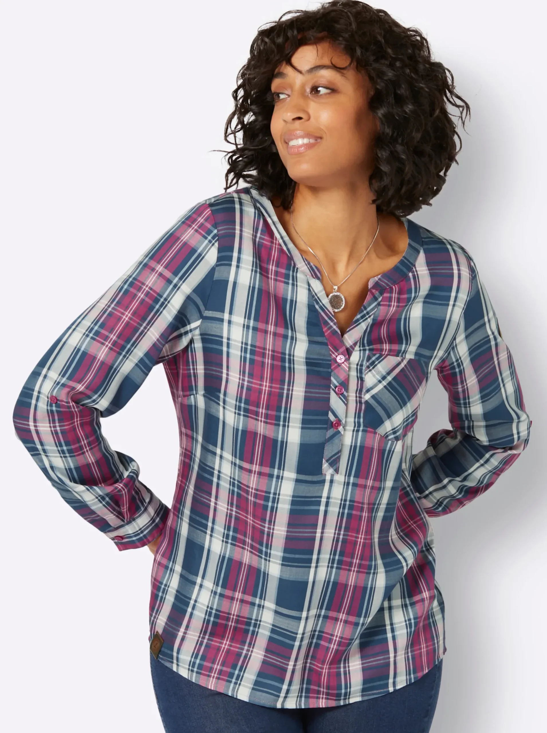 Blusen| Karobluse mit Brusttasche jeansblau-fuchsia-kariert