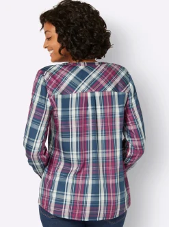 Blusen| Karobluse mit Brusttasche jeansblau-fuchsia-kariert