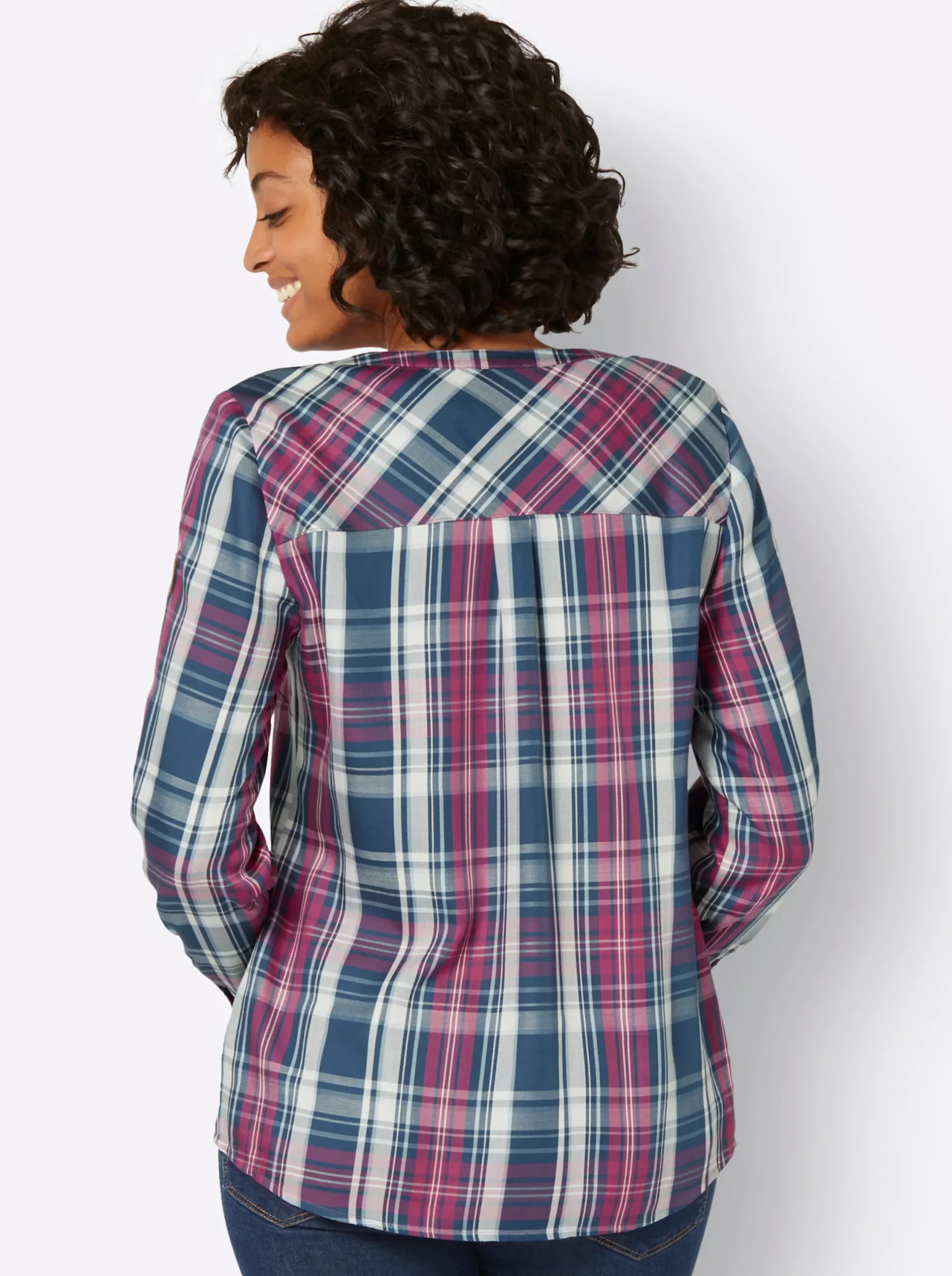 Blusen| Karobluse mit Brusttasche jeansblau-fuchsia-kariert