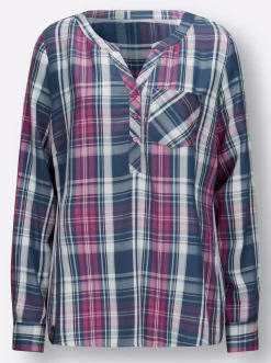 Blusen| Karobluse mit Brusttasche jeansblau-fuchsia-kariert