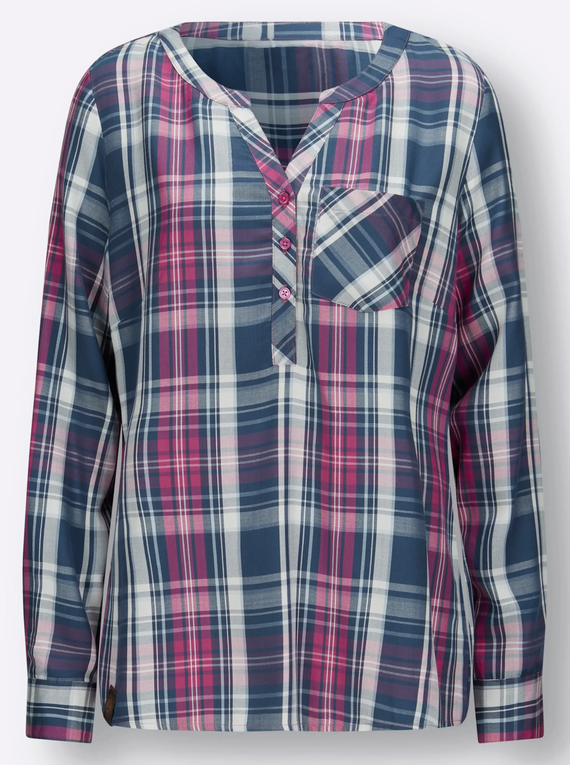 Blusen| Karobluse mit Brusttasche jeansblau-fuchsia-kariert