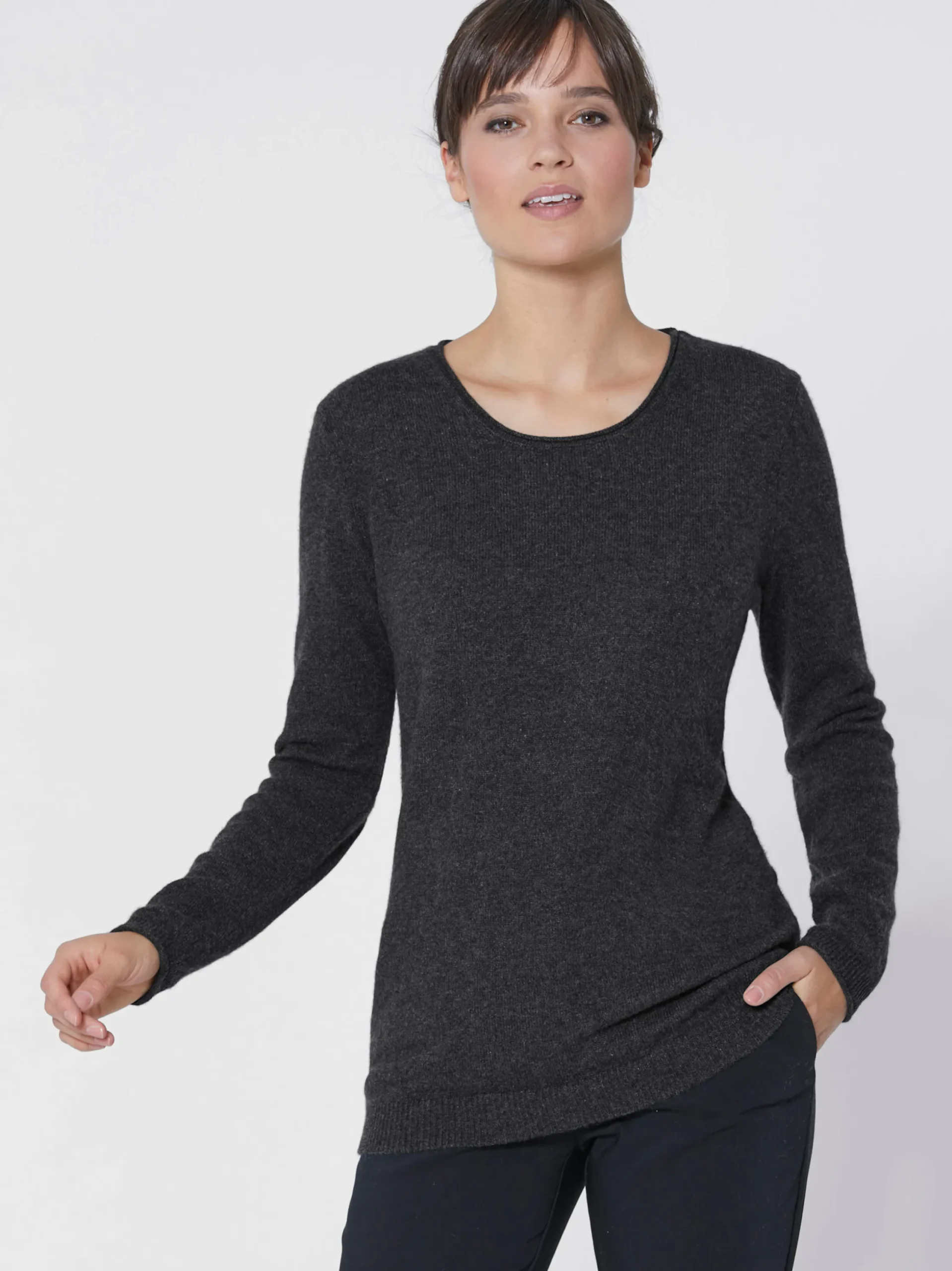 Basics| Kaschmirpullover mit Rollkanten anthrazit-meliert