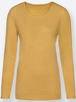 Basics|Pullover| Kaschmirpullover mit Rollkanten ocker-meliert