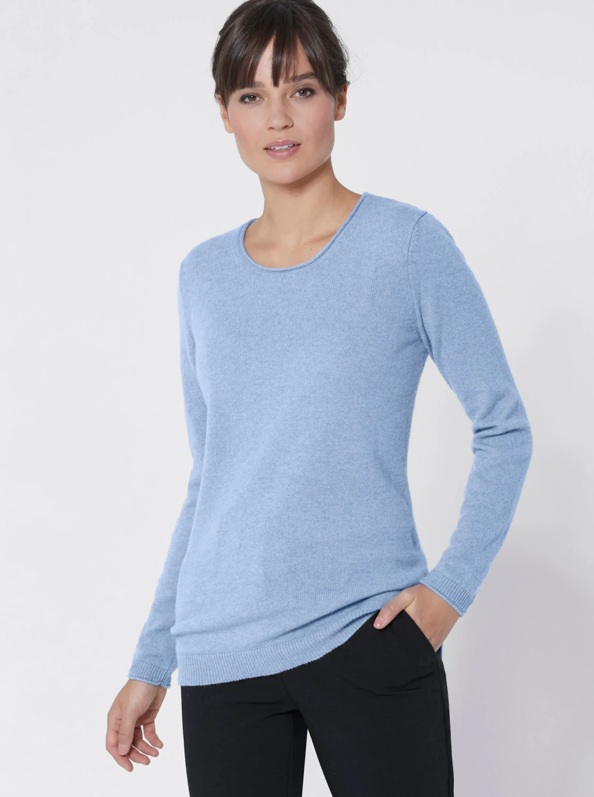 Basics| Kaschmirpullover mit Rollkanten blau-meliert