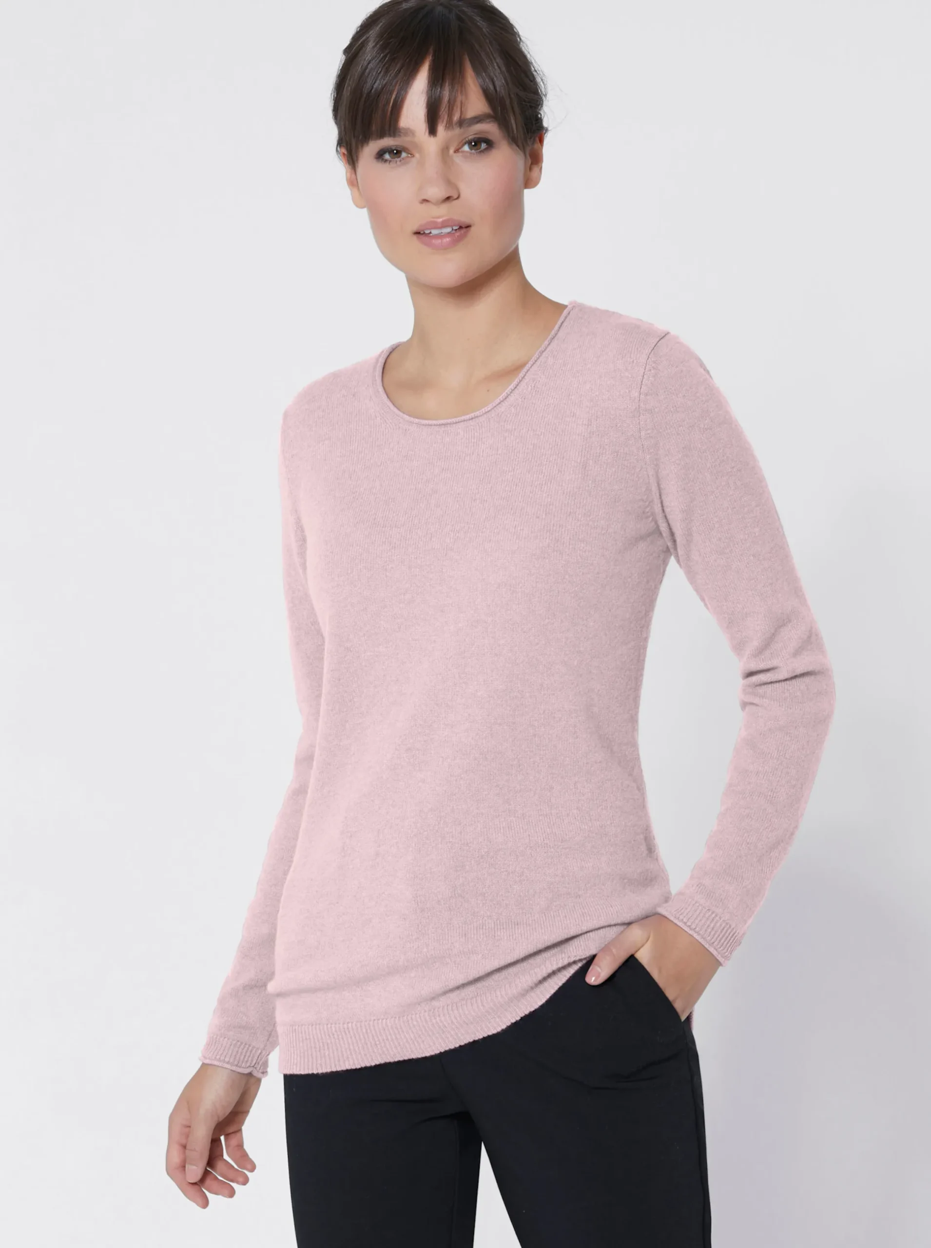 Pullover| Kaschmirpullover mit Rollkanten rosé-meliert