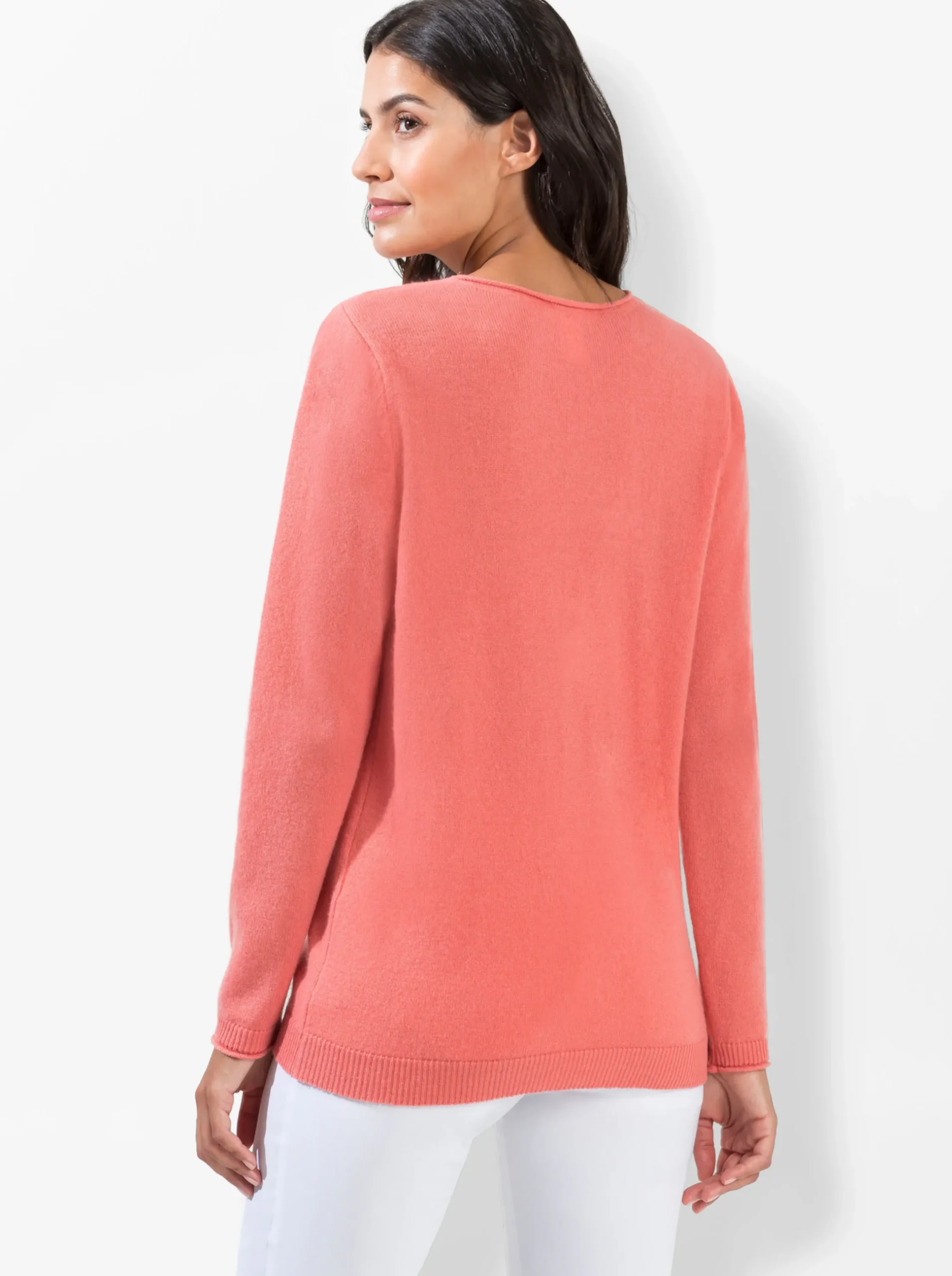 Basics|Pullover| Kaschmirpullover mit Rollkanten koralle-meliert