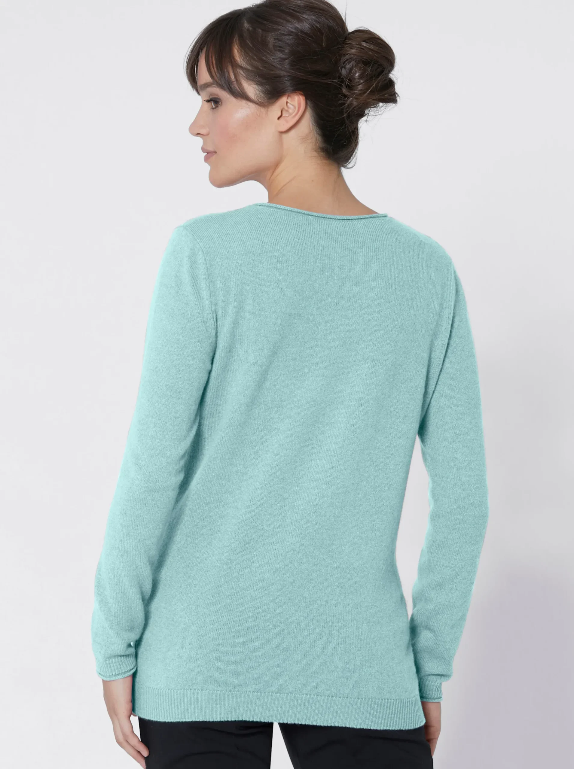 Basics| Kaschmirpullover mit Rollkanten aqua-meliert