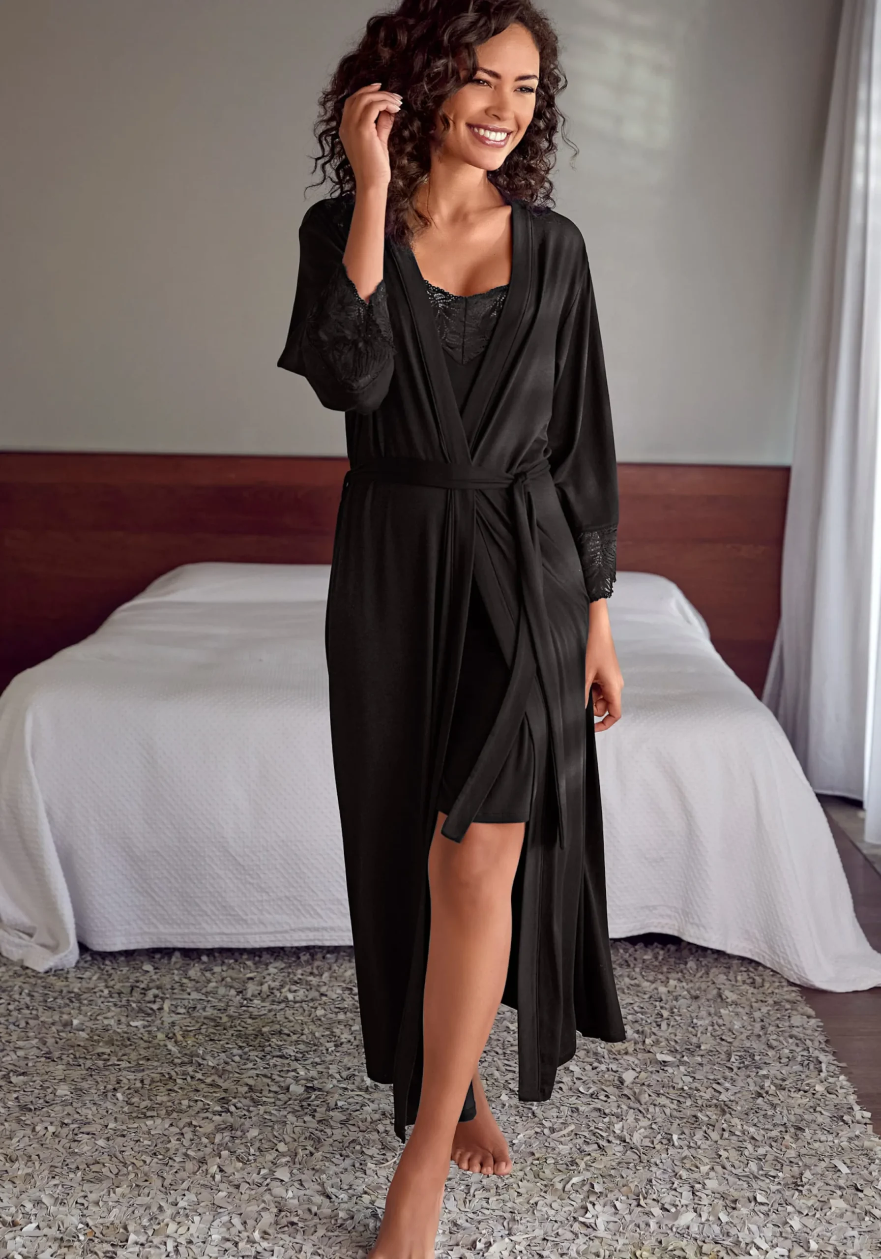 Nachtwäsche|LASCANA Kimono schwarz