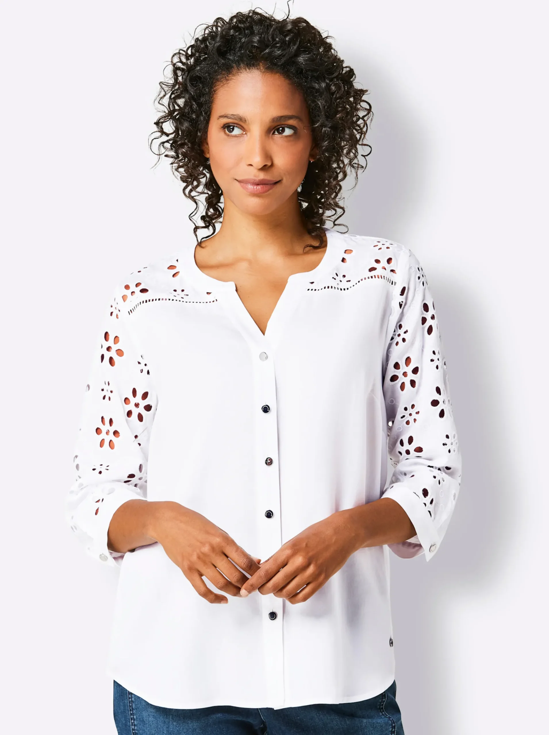 Blusen|CREATION L PREMIUM Klassische Bluse mit attraktiver Lochstickerei weiß