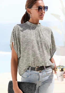 Blusen|LASCANA Kurzarmbluse creme-schwarzbedruckt