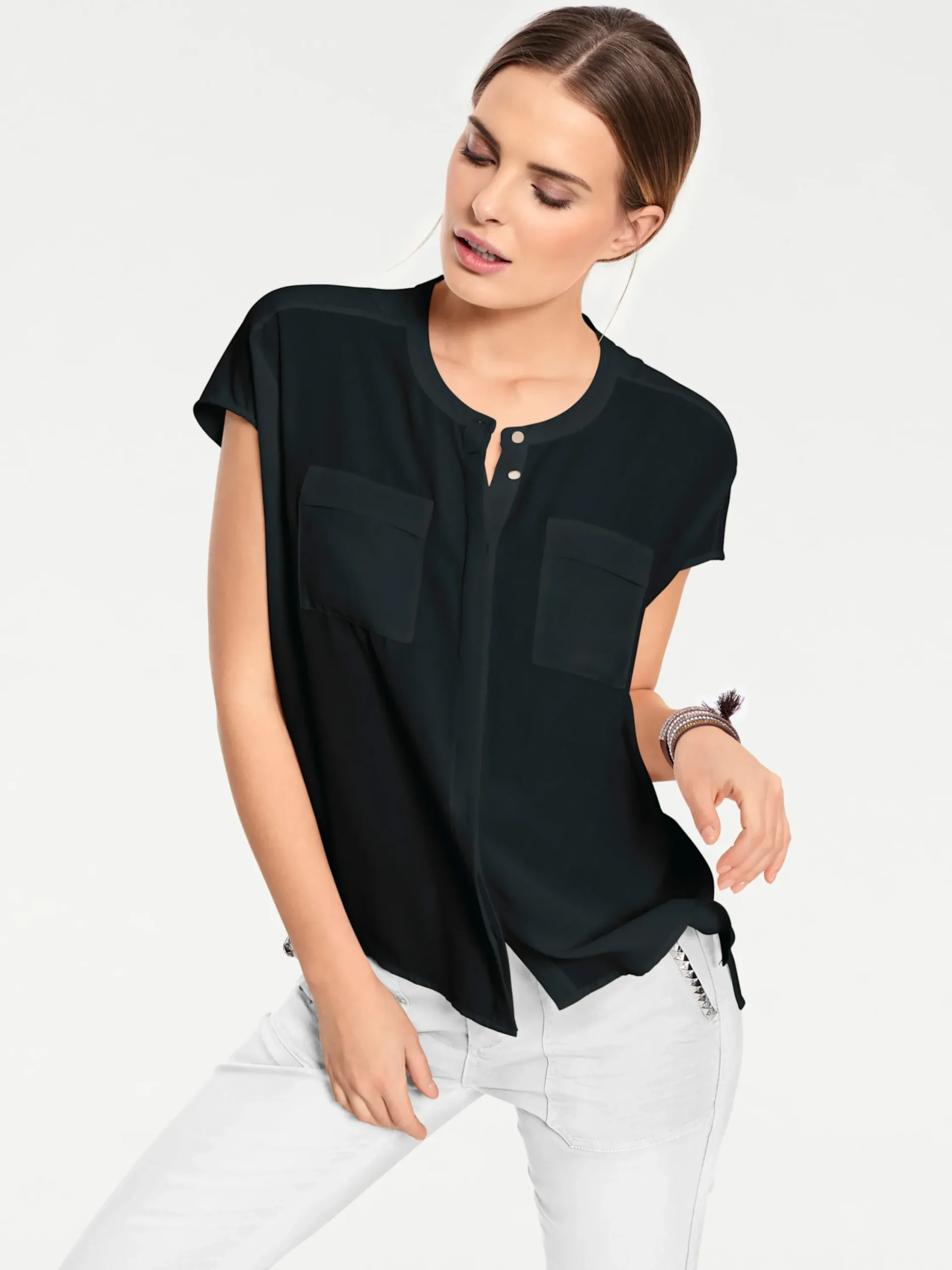 Basics|heine Kurzarm-Bluse in Oversize-Passform schwarz