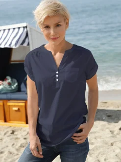 Strandmode| Kurzarmbluse mit kurzer Knopfleiste marine
