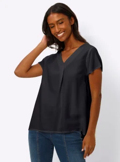 Blusen|heine Kurzarm-Bluse mit Leinen-Anteil schwarz