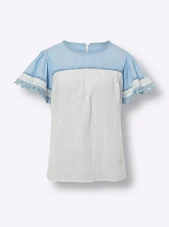 Blusen|heine Kurzarm-Bluse mit Lochspitze ecru-hellblau
