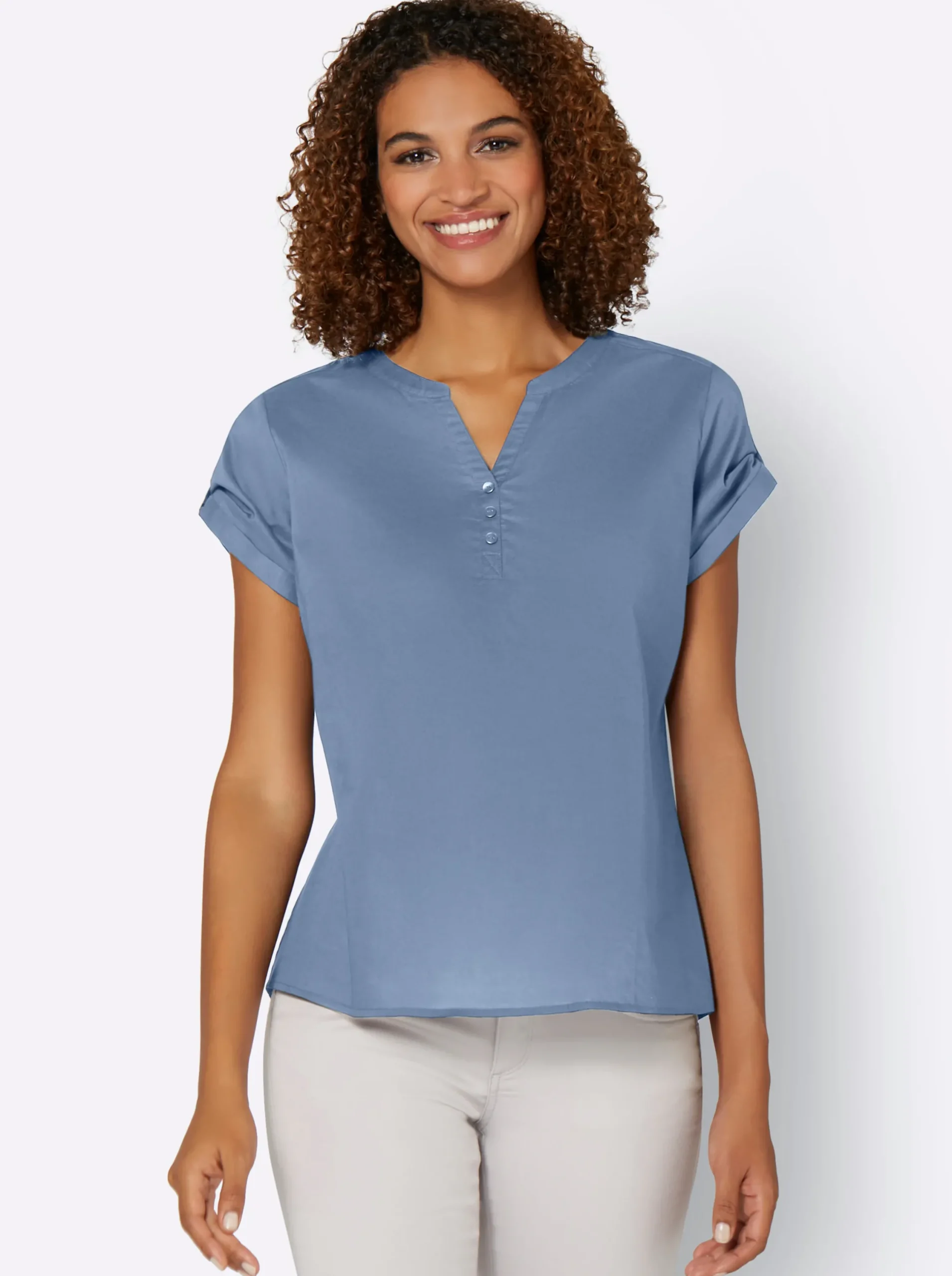 Strandmode|Blusen| Kurzarmbluse mit Rückenfalte blue-stone-washed