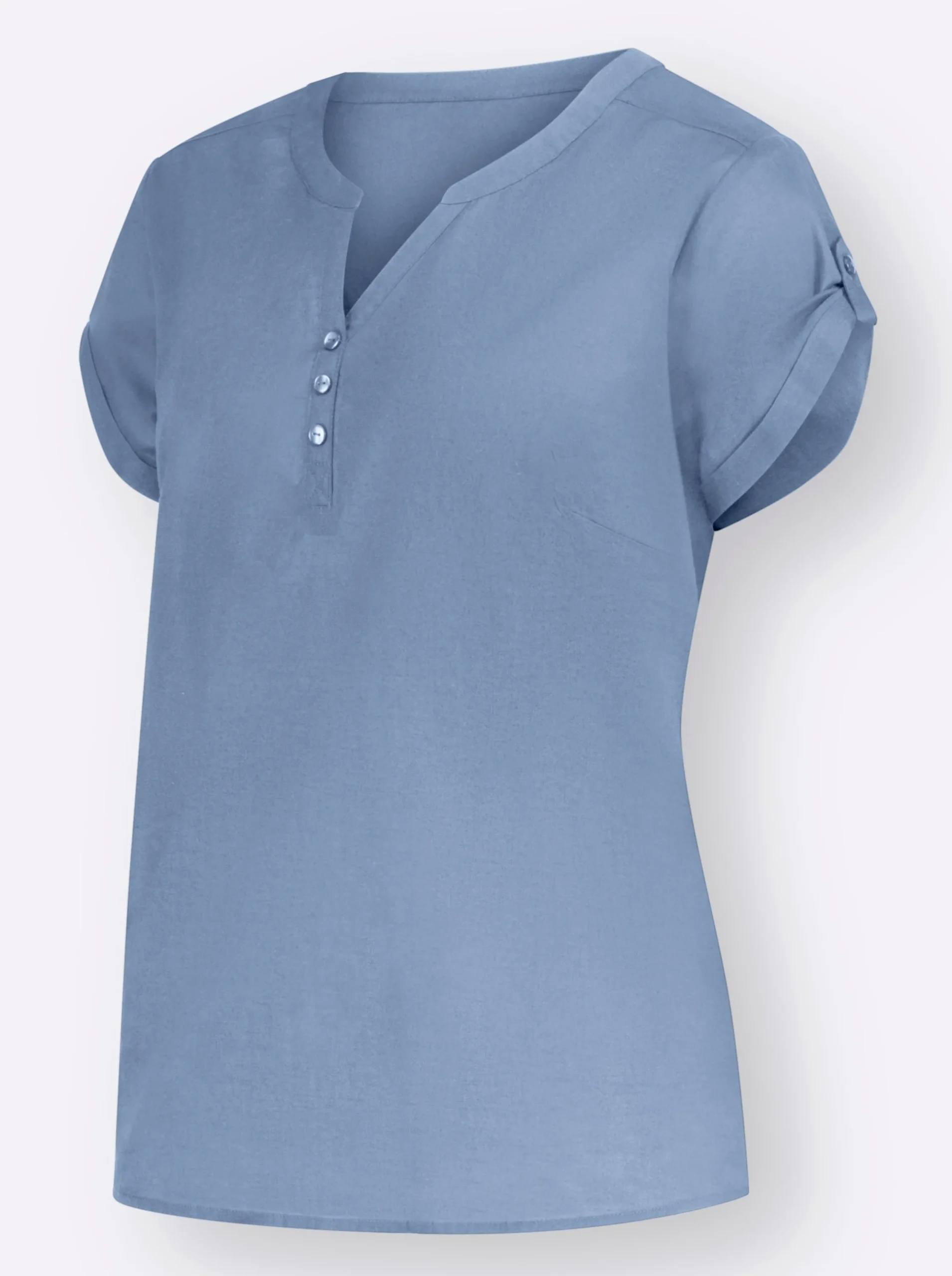 Strandmode|Blusen| Kurzarmbluse mit Rückenfalte blue-stone-washed