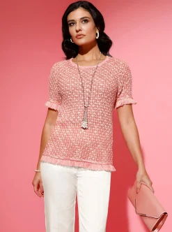 Pullover| Kurzarmpullover mit Fransenabschluss flamingo-ecru-gemustert