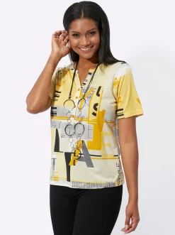 Shirts| Kurzarmshirt im Baumwoll-Modal-Mix ocker-sand-bedruckt