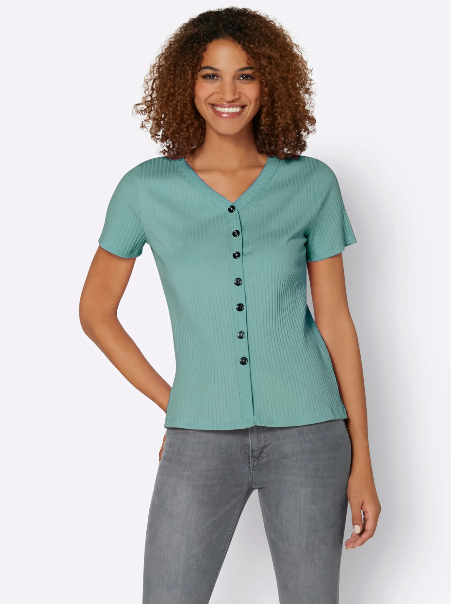 Strandmode|Shirts| Kurzarmshirt in elastischer Ripp-Qualität salbei