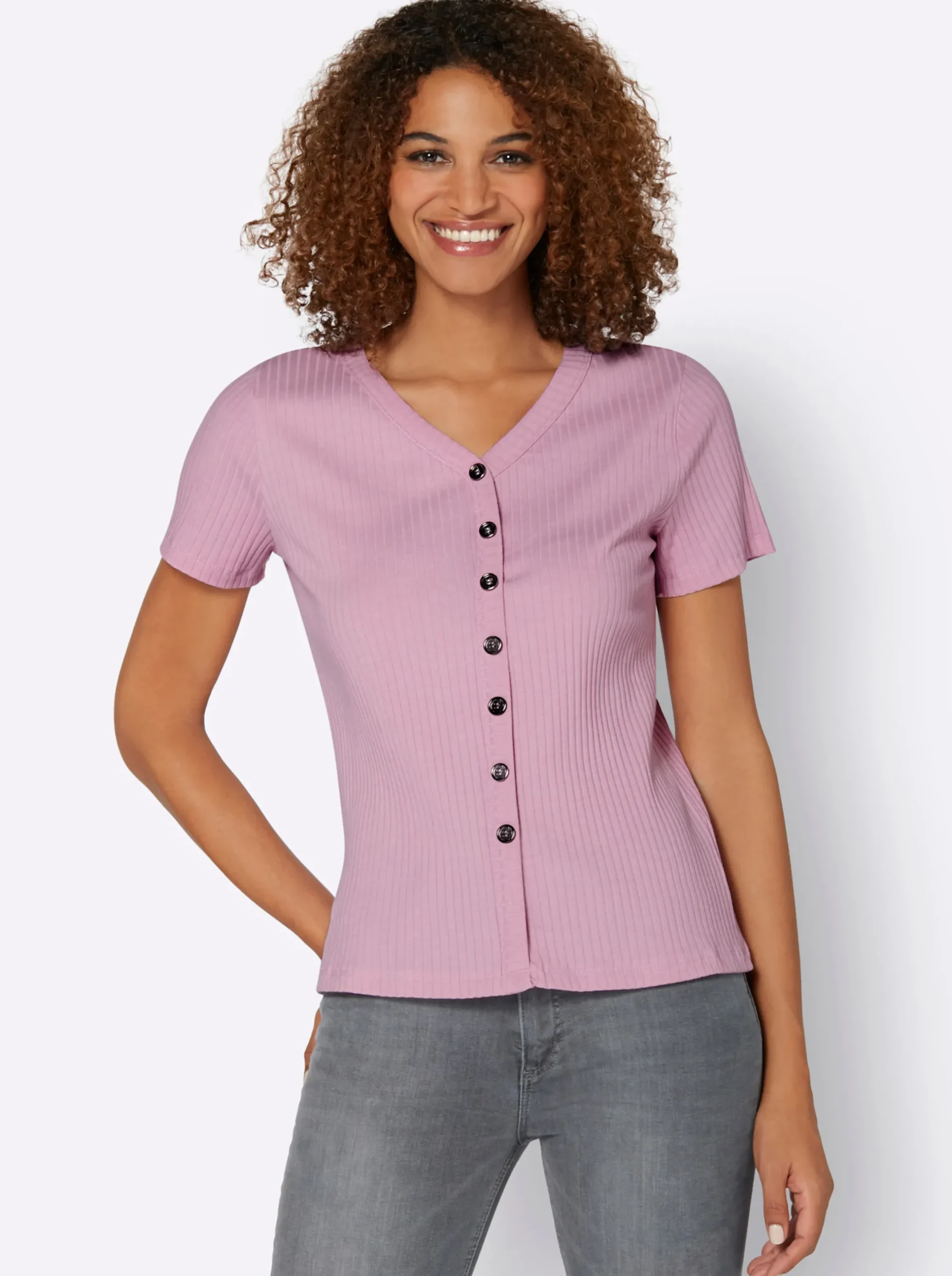 Strandmode|Shirts| Kurzarmshirt in elastischer Ripp-Qualität rosé