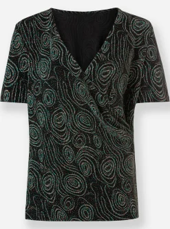 Shirts| Kurzarmshirt in Wickel-Optik schwarz-petrol-gemustert