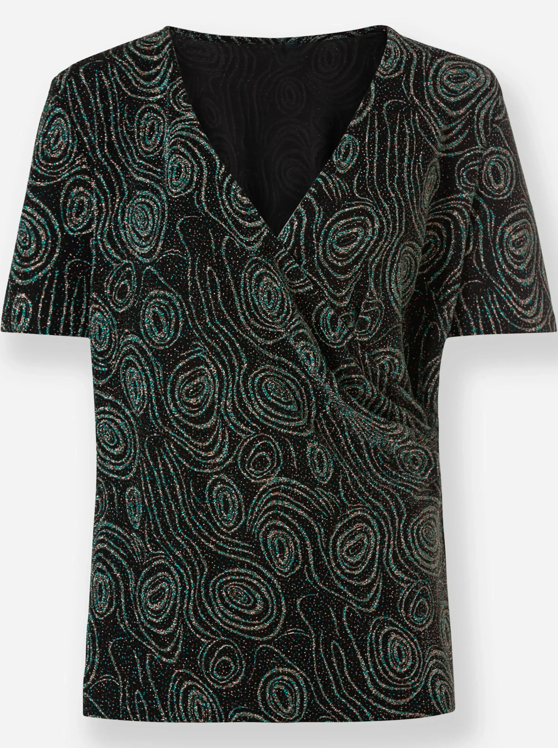 Shirts| Kurzarmshirt in Wickel-Optik schwarz-petrol-gemustert
