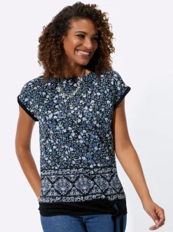 Shirts| Kurzarmshirt mit Bindeband am Saum jeansblau-schwarz-bedruckt