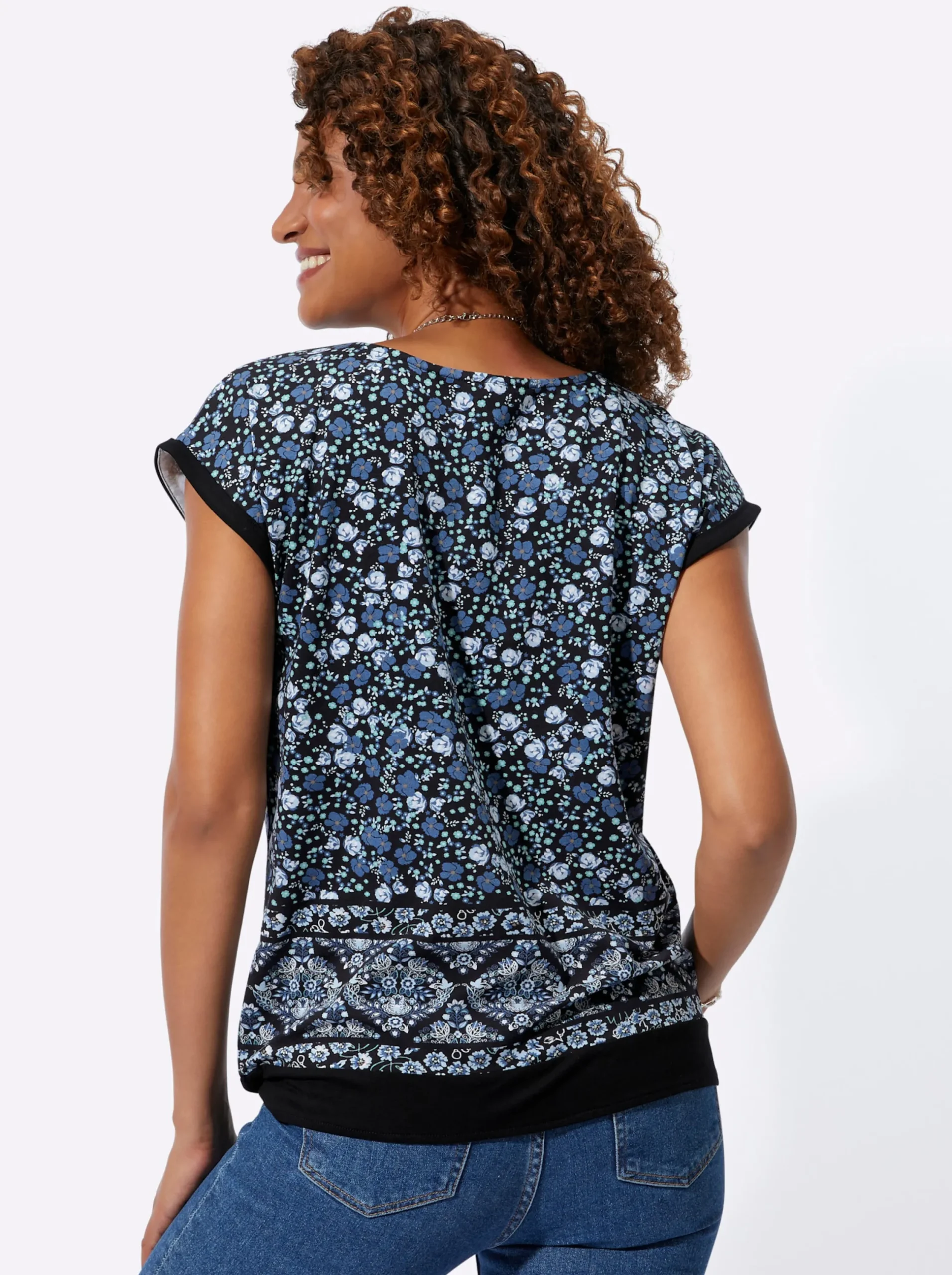 Shirts| Kurzarmshirt mit Bindeband am Saum jeansblau-schwarz-bedruckt