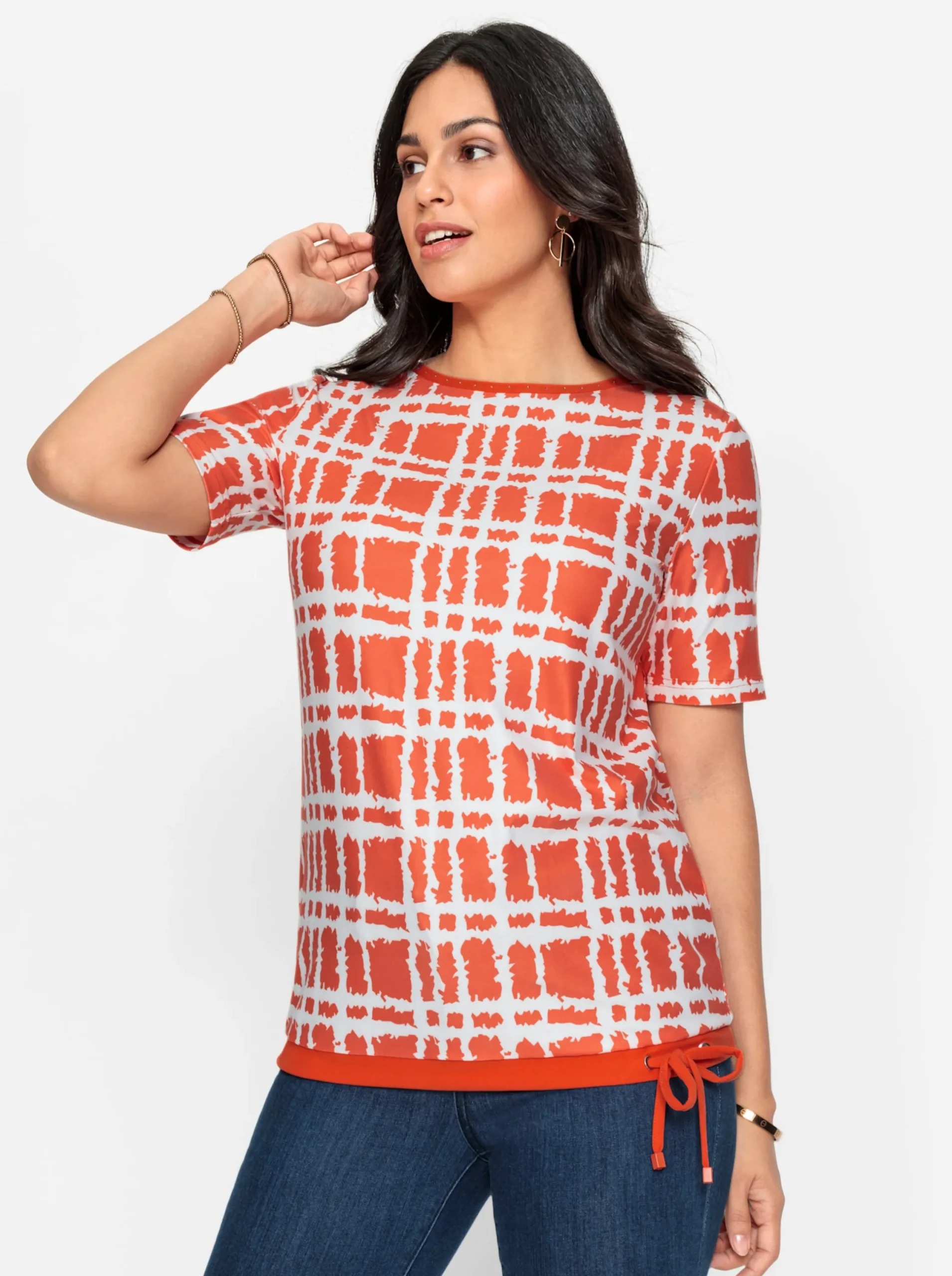 Shirts| Kurzarmshirt mit Bindebändern orange-ecru-bedruckt