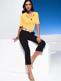 Strandmode|Shirts|heine Kurzarmshirt mit Cut-outs am Ausschnitt gelb