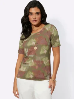 Shirts| Kurzarmshirt mit Ginkgo-Motiv khaki-lindgrün-bedruckt