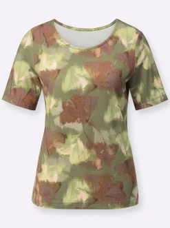 Shirts| Kurzarmshirt mit Ginkgo-Motiv khaki-lindgrün-bedruckt