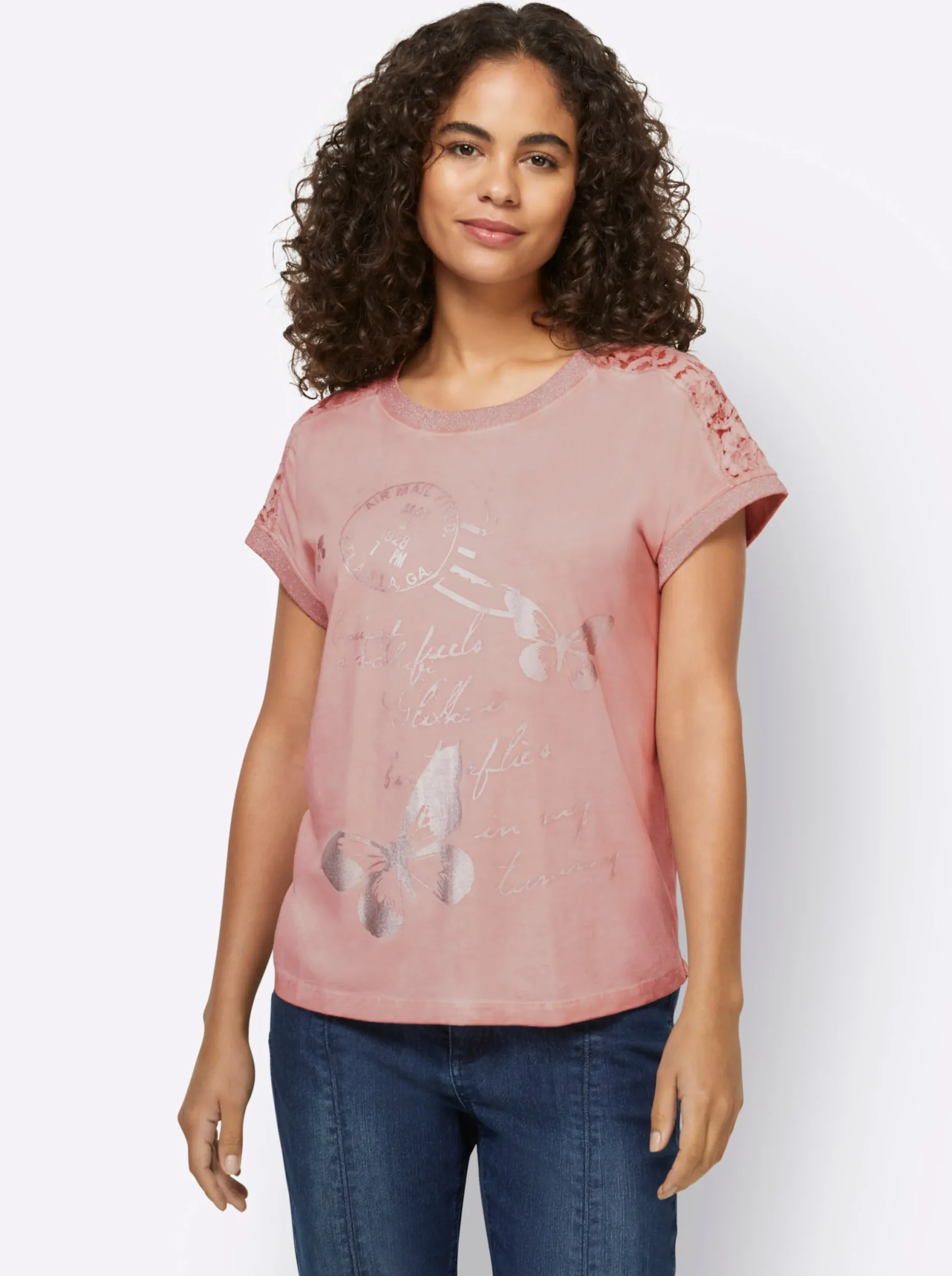 Strandmode|Shirts|heine Kurzarmshirt mit Glanz-Details puder