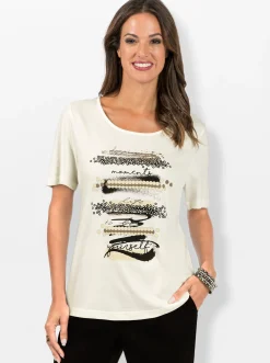 Shirts| Kurzarmshirt mit Glanz-Details ecru-schwarz-bedruckt