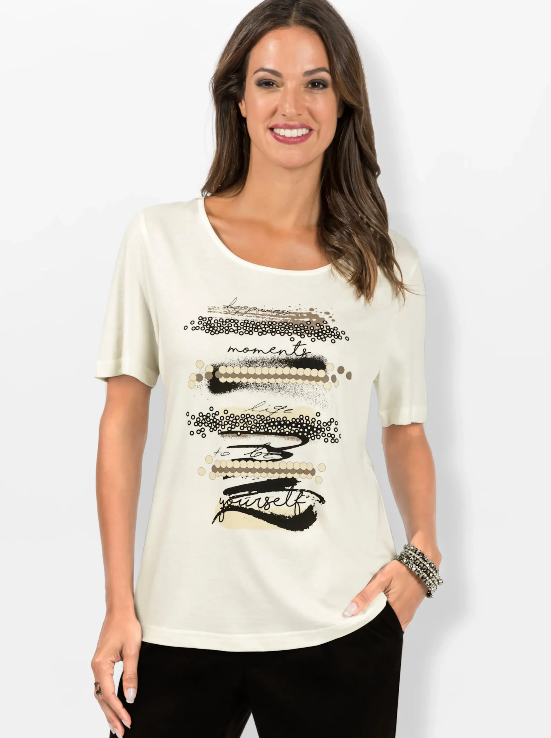 Shirts| Kurzarmshirt mit Glanz-Details ecru-schwarz-bedruckt