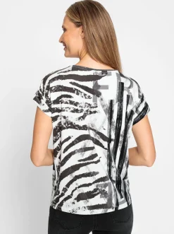 Shirts|heine Kurzarmshirt mit Glitzergarn am Ausschnitt weiß-schwarz-bedruckt