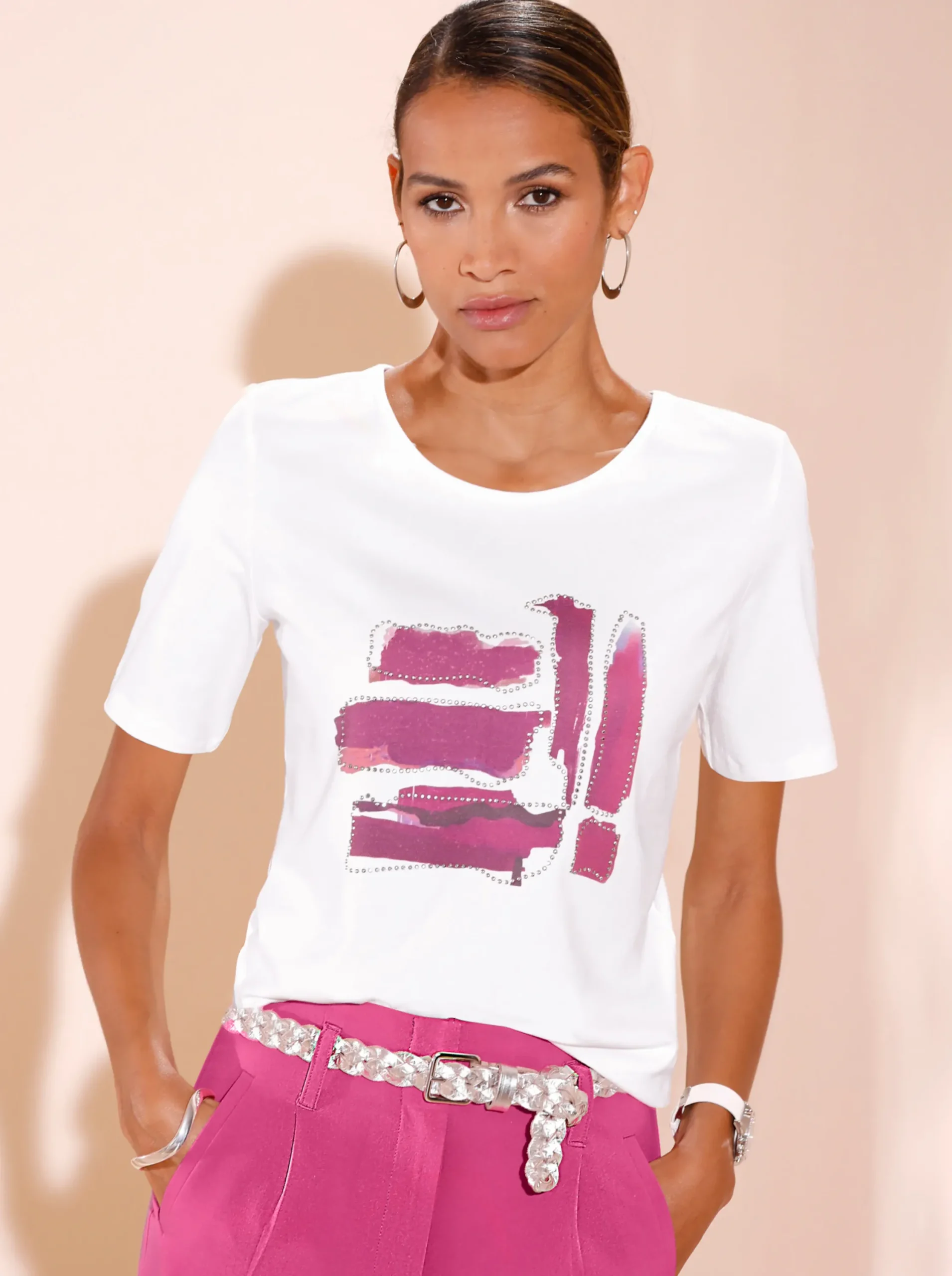 Shirts| Kurzarmshirt mit Glitzersteinchen ecru-fuchsia-bedruckt