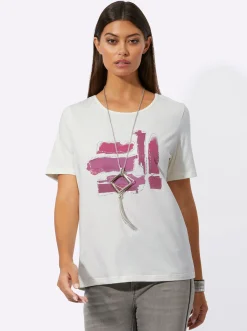 Shirts| Kurzarmshirt mit Glitzersteinchen ecru-fuchsia-bedruckt