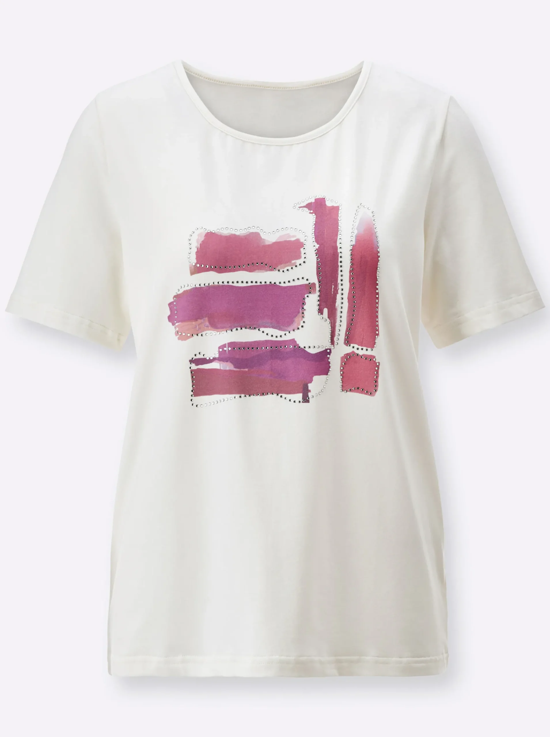 Shirts| Kurzarmshirt mit Glitzersteinchen ecru-fuchsia-bedruckt