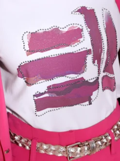 Shirts| Kurzarmshirt mit Glitzersteinchen ecru-fuchsia-bedruckt